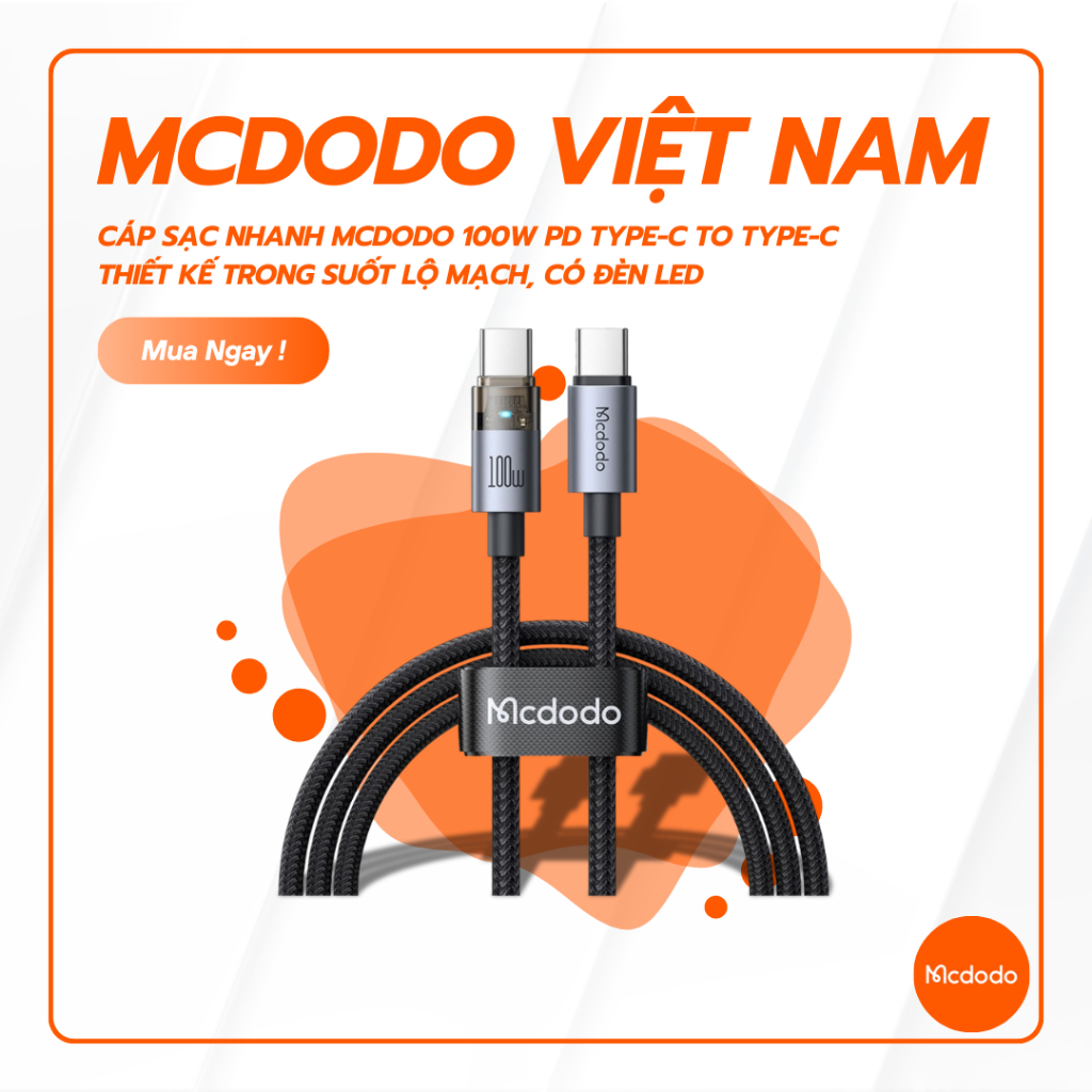 Cáp Sạc Nhanh Mcdodo 100W PD Type-C to Type-C | Thiết Kế Trong Suốt Lộ Mạch, Có Đèn LED