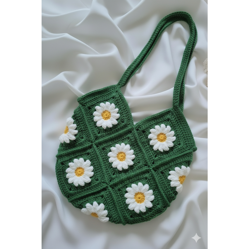 Túi tote len hình hoa cúc, túi len handmade họa tiết hoa cúc