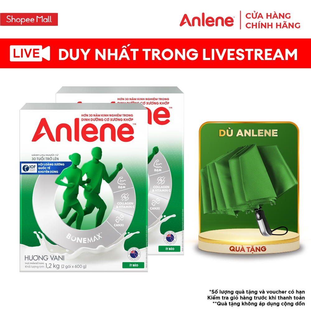   KOL  Combo 2 hộp Sữa Bột Anlene Hương Vanilla hộp 1,2Kg  trên 30 tuổi  