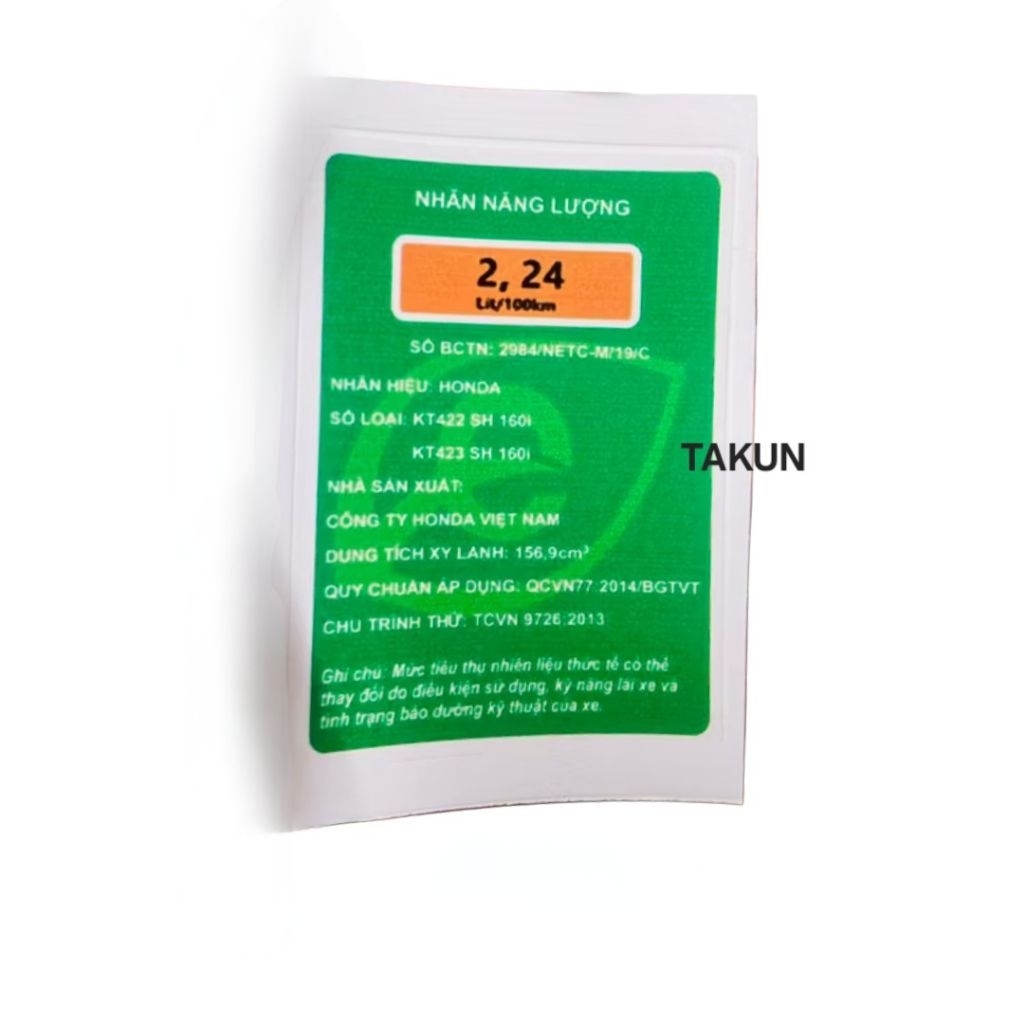 Tem xanh thông số năng lượng xe SH 160i (KT422 SH160i, KT423 SH 160i)...