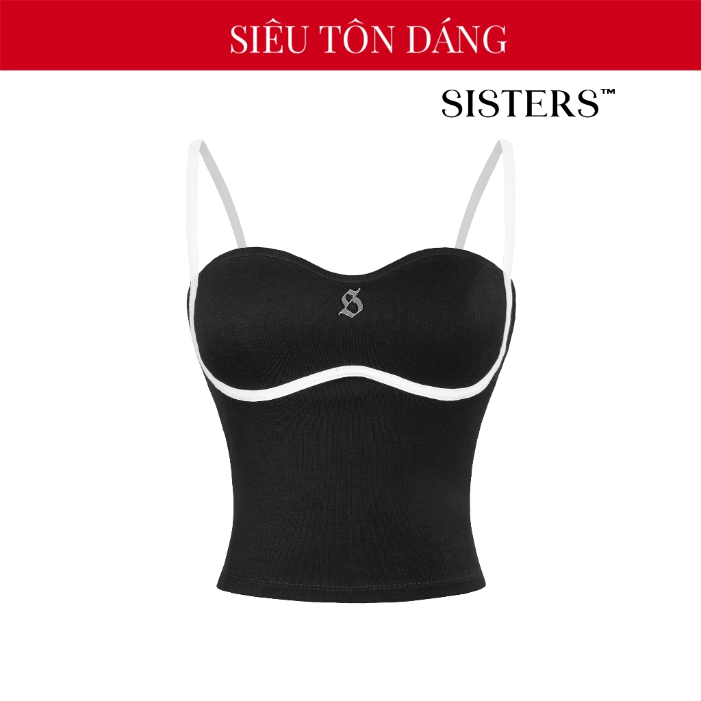 Áo hai dây ôm body SISTERS croptop nữ kiểu sexy thun gân 2 da Viền Trắng Đen Majori | SS24-T4-D
