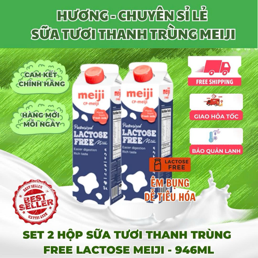 Set 2 hộp -Sữa tươi thanh trùng Free Lactose Meiji 946ml 2 hộp