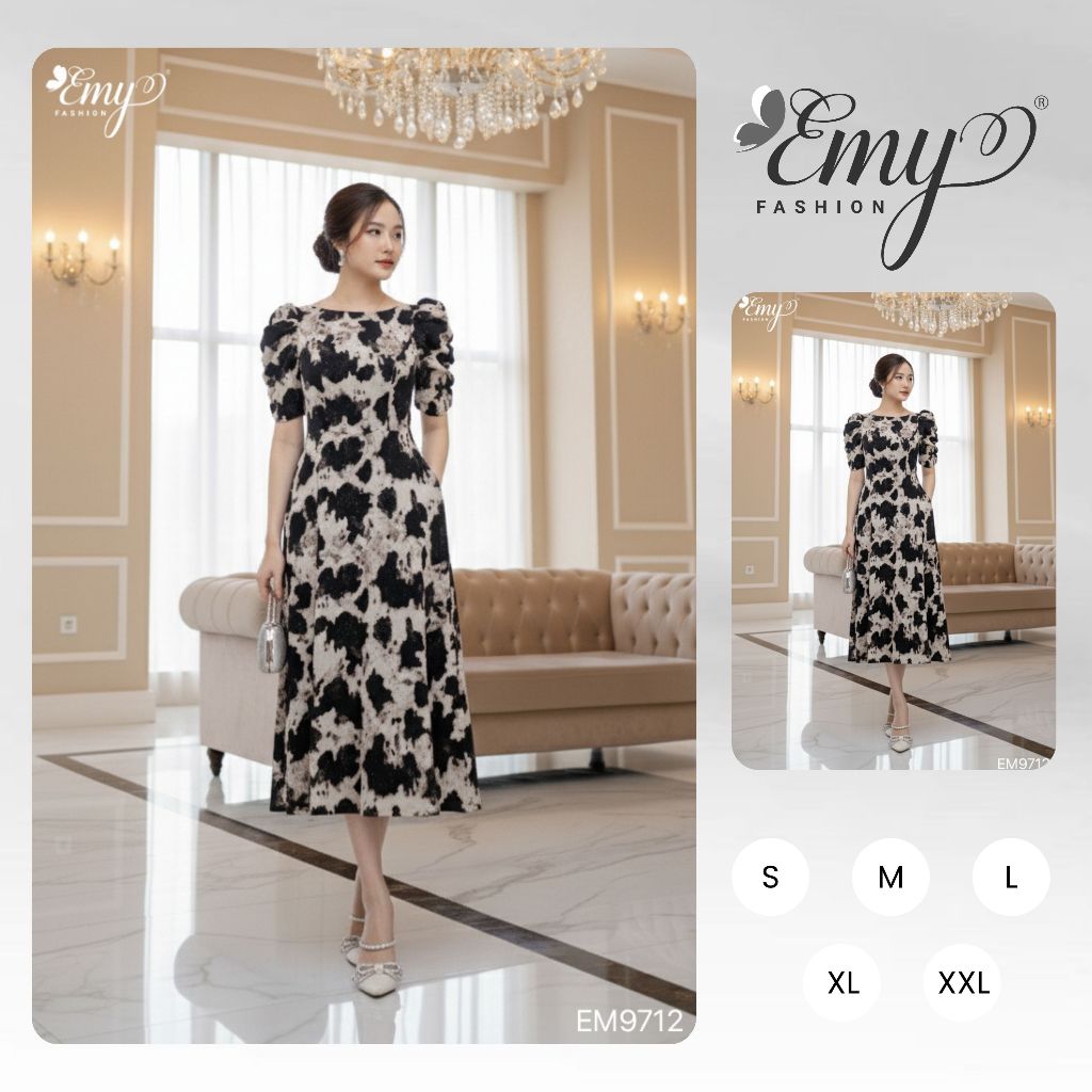 Đầm Xòe Đi Tiệc Vải Mango Loang, Lót Lụa Mango Loang, Lót Lụa EM9712- Váy EMY