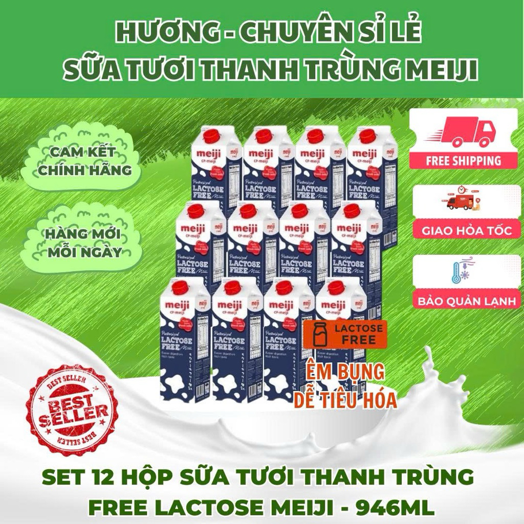 Thùng 12 hộp - Sữa tươi Meiji free lactose 946Ml (12 hộpô