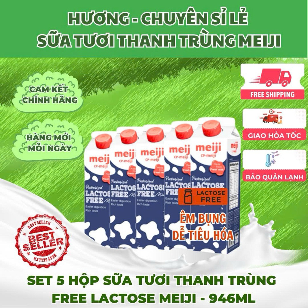 Set 5 hộp -Sữa thanh trùng Lactose Free Meiji hộp 946ml (5 Hộp)