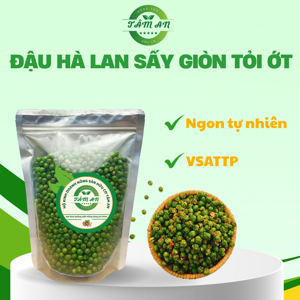 Đậu hà lan sấy vị tỏi ớt hạt xanh tròn giòn nhẹ cay mặn hài hòa phù hợp món ăn vặt đậm vị cho cả gia