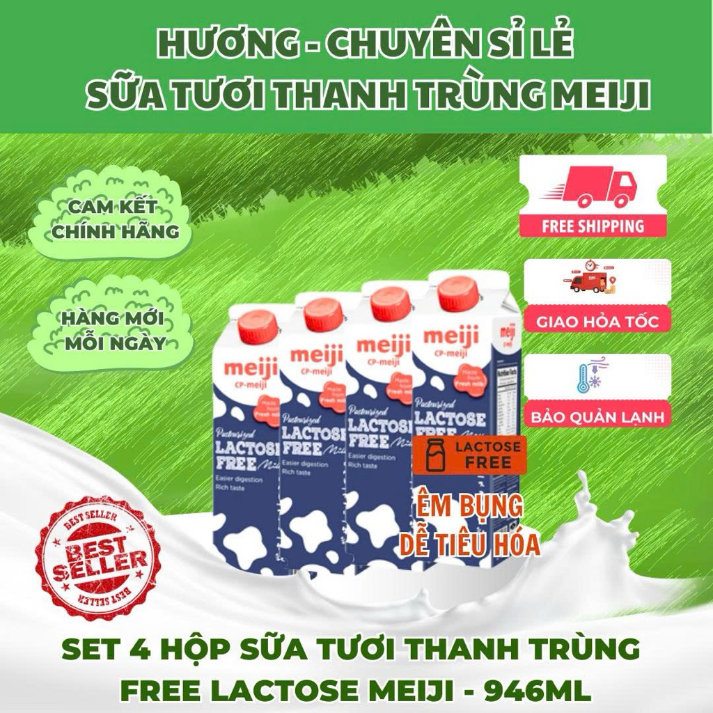 COMBO 4 Hộp - Sữa tươi thanh trùng Meiji FREE LACTOSE 946Ml