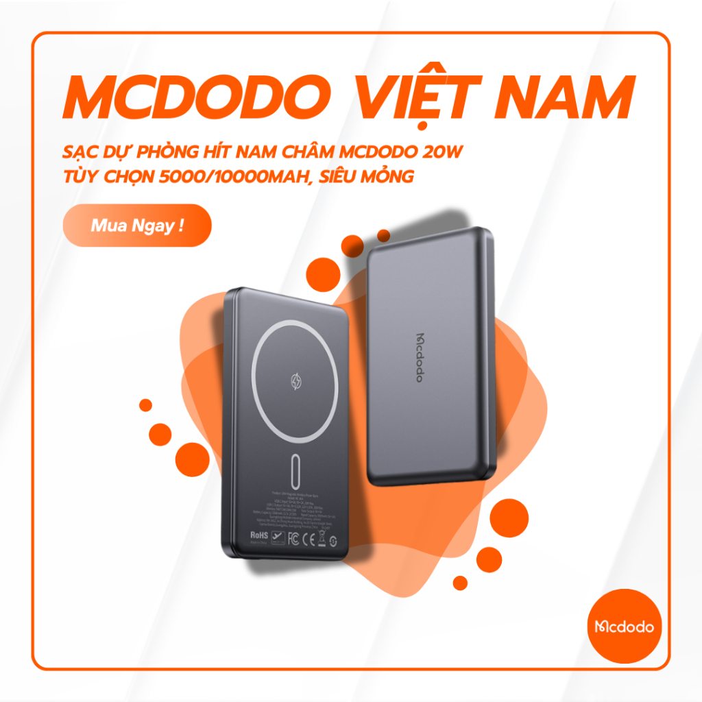 Sạc Dự Phòng Hít Nam Châm Mcdodo 20W | Tùy Chọn 5000/10000mAh, Siêu Mỏng