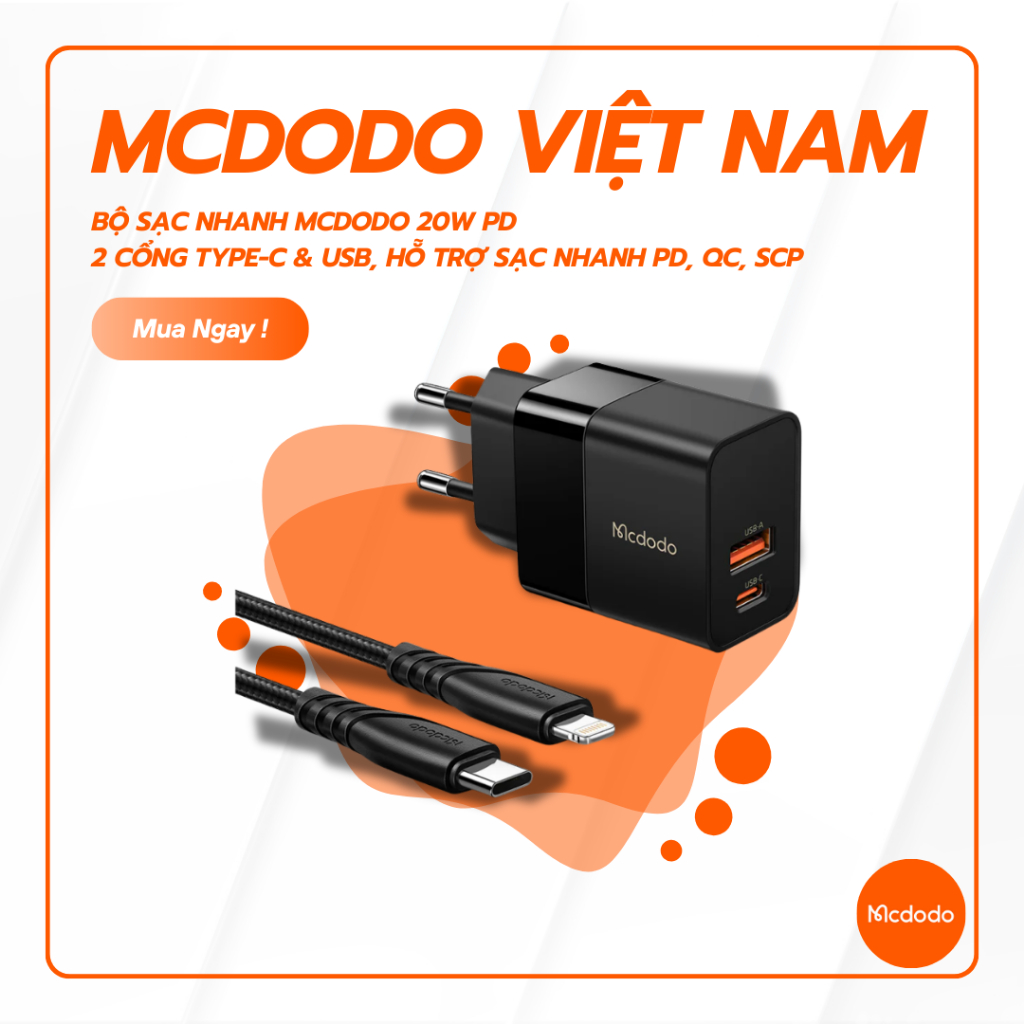 Bộ Sạc Nhanh Mcdodo 20W PD | 2 Cổng Type-C & USB, Hỗ Trợ Sạc Nhanh PD, QC, SCP