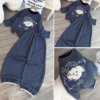  Sét bộ nữ chất thun umi hàn mềm mịn cao cấp in hình 3 cún nơ áo nỉ dài tay phối quần ống suông dài mặc thu đông 