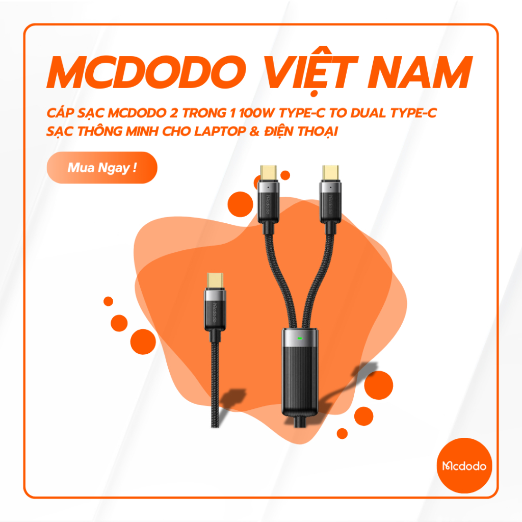 Cáp Sạc Mcdodo 2 trong 1 100W Type-C to Dual Type-C | Sạc Thông Minh Cho Laptop & Điện Thoại