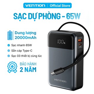  Sạc Dự Phòng 65W Vention 20000mAh Hỗ Trợ Sạc Nhanh PD Tích Hợp Cáp Sạc Type-C Màn Hình LED Dùng Cho Điện Thoại Laptop 