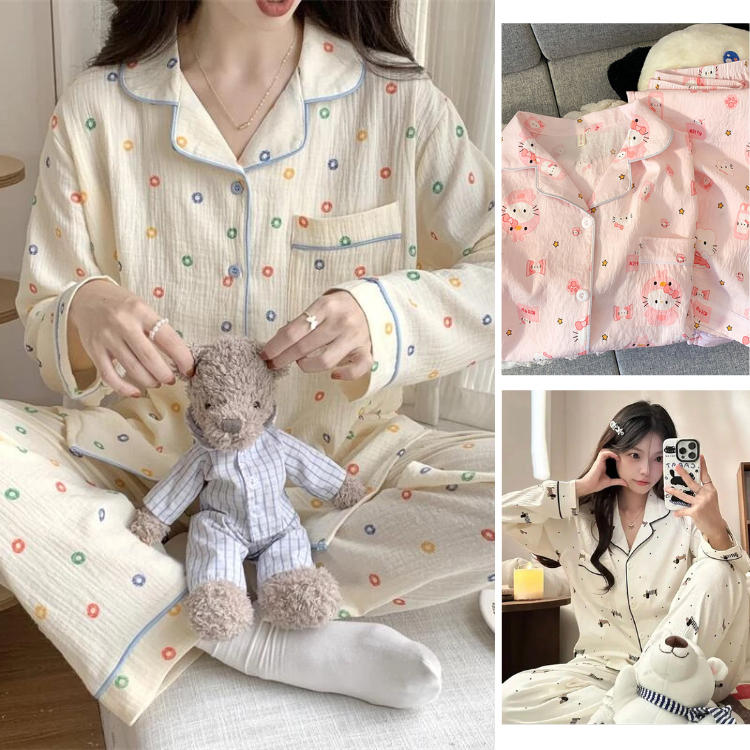 Đồ ngủ dài tay cotton cao cấp, bộ pyjama họa tiết cute, bộ bầu bigsize mặc nhà thu đông 125 G-5