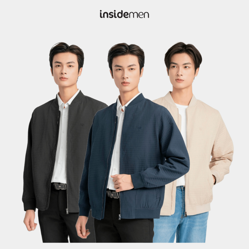 Áo Khoác Nam Hai Lớp Cổ Đứng Insidemen Bomber Áo Bo Rib Với Họa Tiết Kẻ Nhỏ Form Regular IJK046BZ