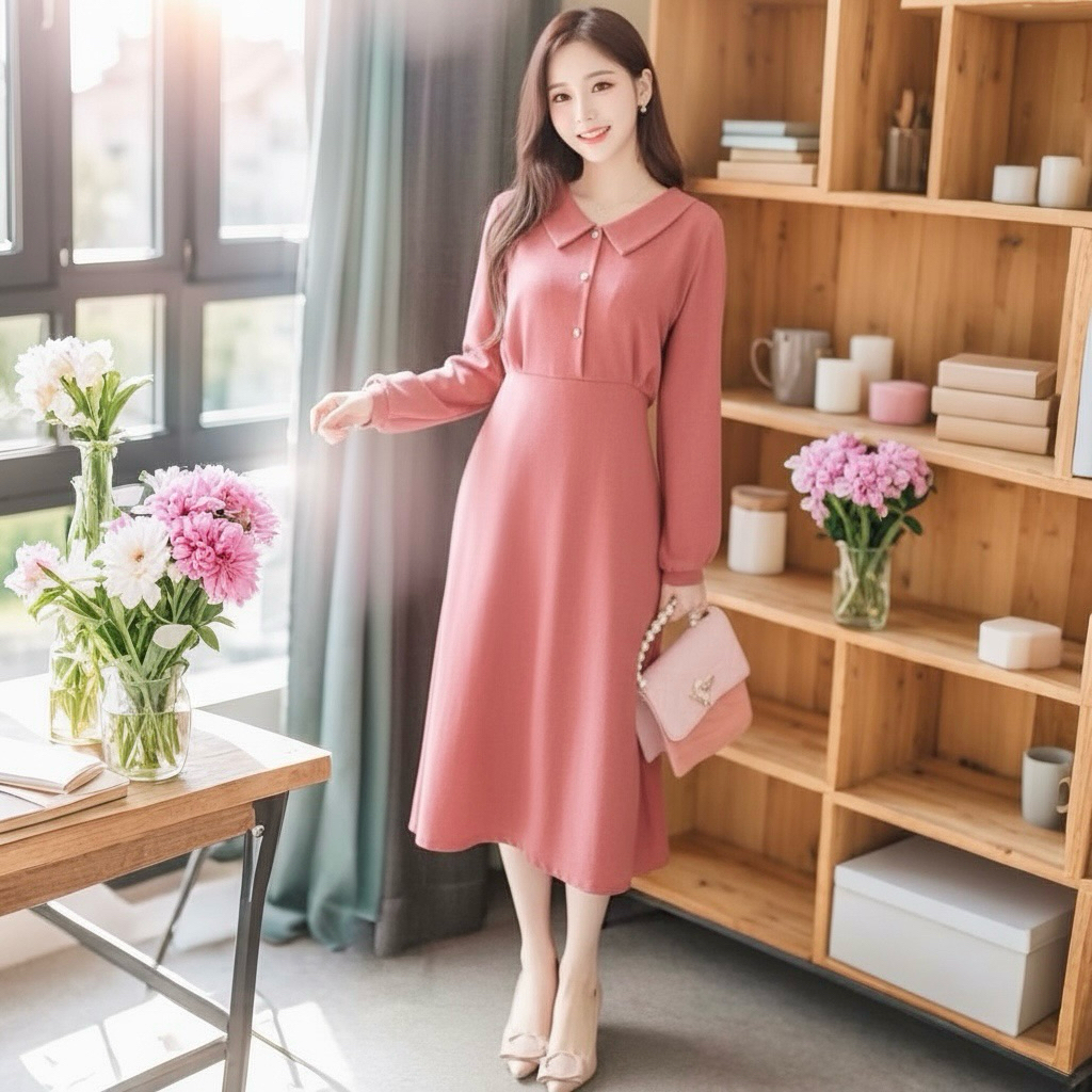 Đầm midi hồng ruốc cổ sen nút trắng, váy mặc đi làm đi chơi đều xinh (kèm hình thật)
