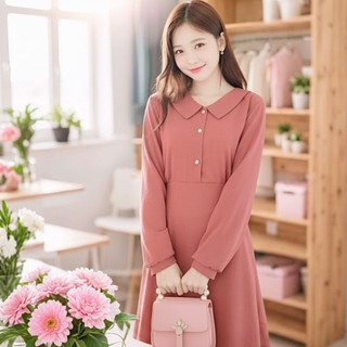 Đầm midi hồng ruốc cổ sen nút trắng, váy mặc đi làm đi chơi đều xinh (kèm hình thật)