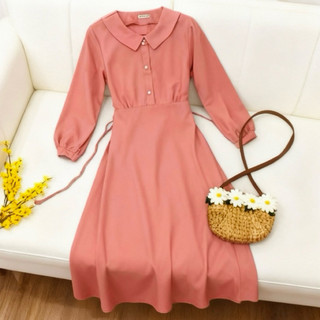 Đầm midi hồng ruốc cổ sen nút trắng, váy mặc đi làm đi chơi đều xinh (kèm hình thật)