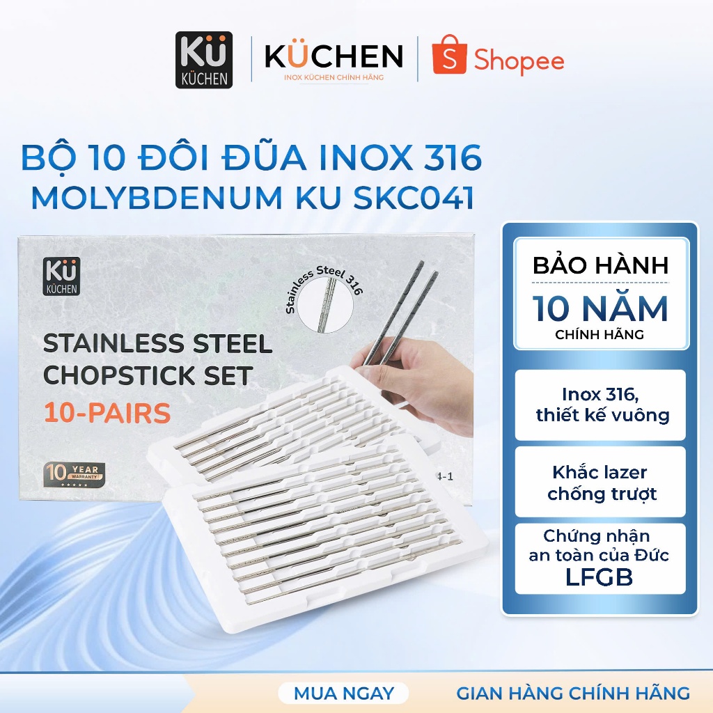 [Bảo hành 10 năm] Bộ 10 Đôi Đũa Inox 316 Chống Trượt Ku Kuchen SKC041 Thân Vuông Kháng Ăn Mòn