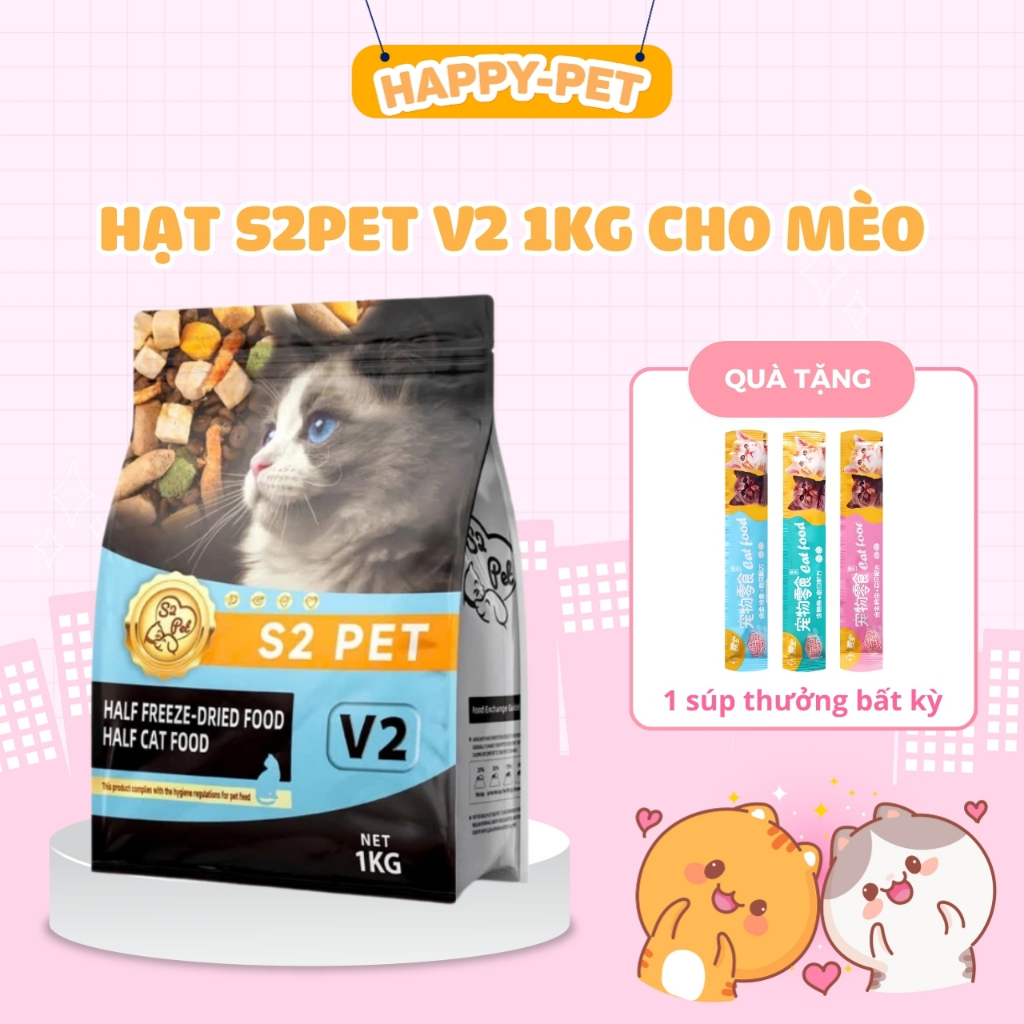 (1kg) Hạt Khô Cho Mèo S2PET V2 Đạm Cao 32% Siêu Topping 55% Dinh Dưỡng Kích Thích Thèm Ăn - Happy Pe