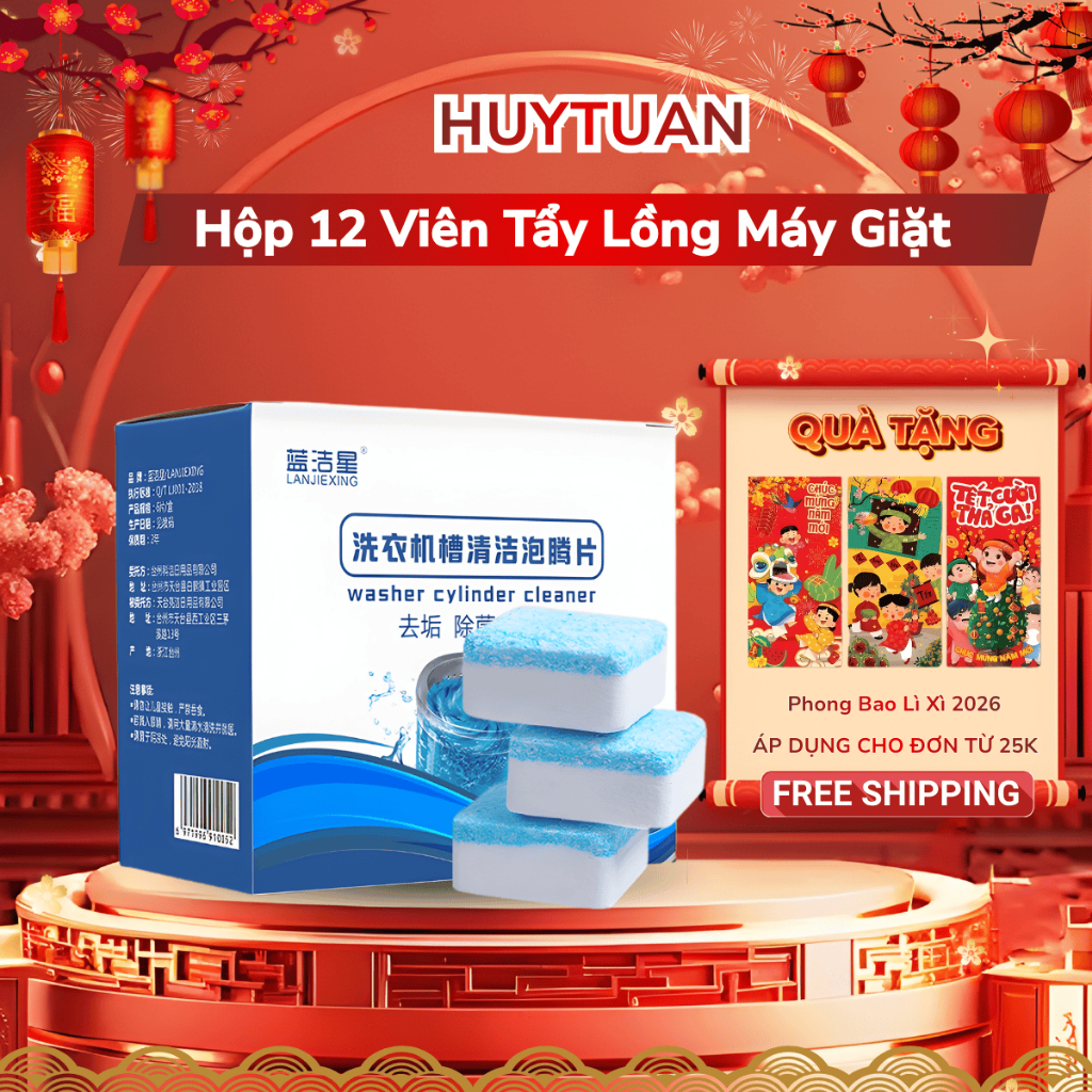 HỘP 12 VIÊN TẨY VỆ SINH LỒNG MÁY GIẶT DIỆT KHUẨN HIỆU QUẢ VIÊN TẨY LỒNG GIẶT