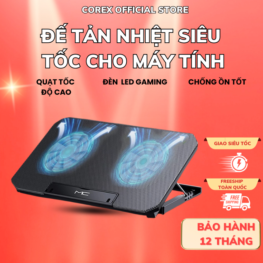 Đế tản nhiệt laptop, máy tính bảng CoreX Q100, Làm mát nhanh, Led gaming, Chống ồn, 4 nấc độ cao