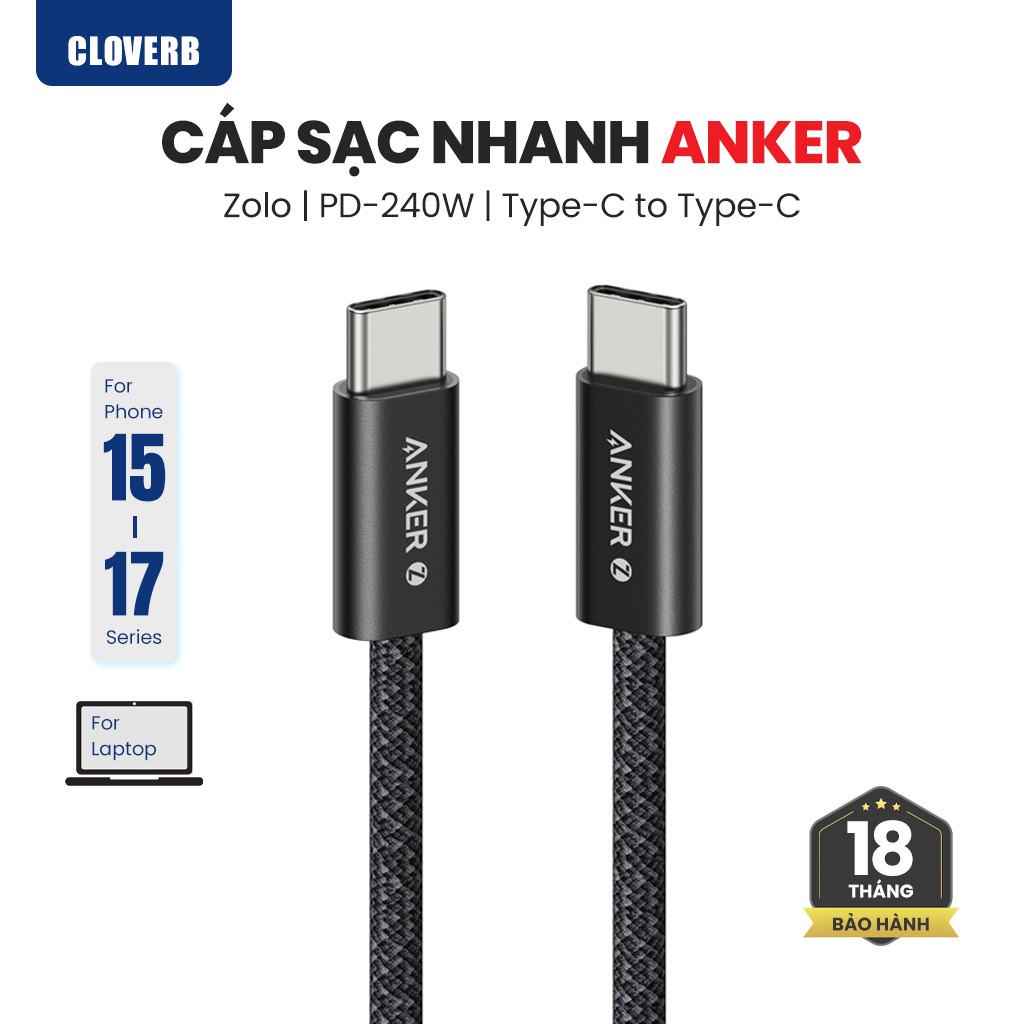 Cáp sạc Anker Zolo A8060 - 240W Dây dù Siêu bền - Dành cho iPhone 15 16 17 MacBook - CloverB