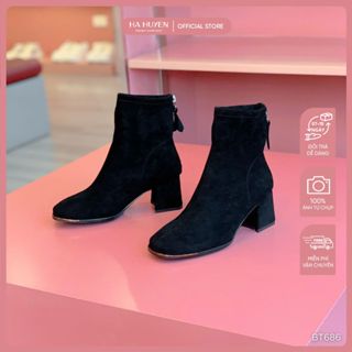  Giày bốt nữ boot cổ thấp HÀ HUYỀN da lộn khóa sau mũi vuông viền sắt gót vuông 5cm - BT686 