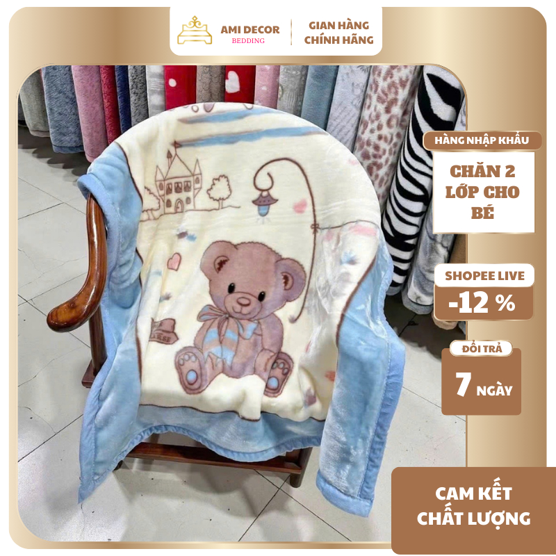Chăn cho bé tuyết nhung 2 lớp dày dăn, chăn mùa đông cho bé chất tuyết nỉ nhung mềm mịn KT 1m x 1m4