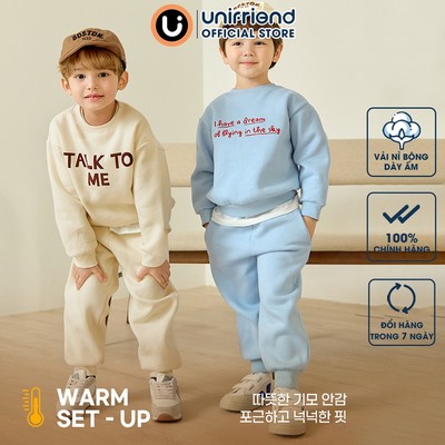 Bộ dài tay nỉ bông dày ấm mùa đông cho bé trai và bé gái Unifriend Hàn Quốc U129x, Size 13-50kg