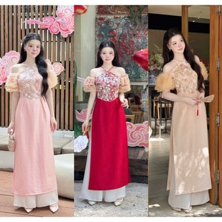   Ảnh thật của shop  Áo dài cách tân Tết Uyển Đào 3 màu hồng đỏ kem chất liệu tafta lụa hoạ tiết đính kết tay bồng 