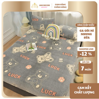  Bộ ga gối nỉ nhung sữa cao cấp ga trải giường 3 món ga chun bọc đệm bền màu không rụng lông 