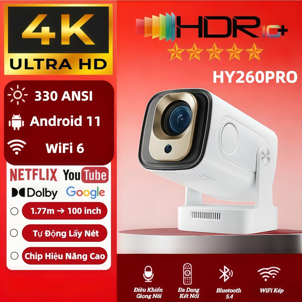 Máy Chiếu HY260PRO Gia Đình 4K - Tự Động Lấy Nét, Hệ Điều Hành Android, Thiết Kế Mini Siêu Nét
