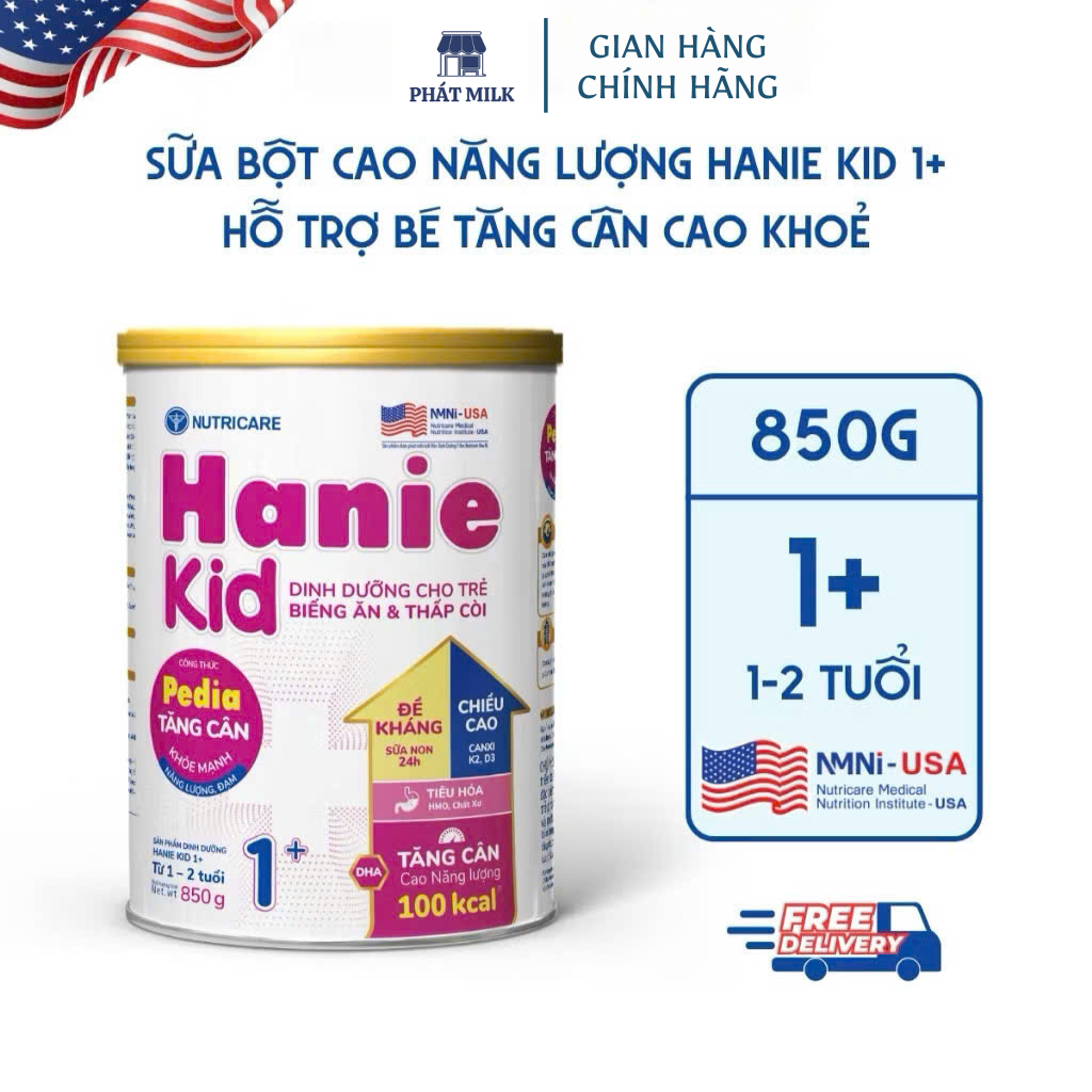 Sữa Bột Hanie Kid 1+ 850gr - Hỗ Trợ Tăng Cân, Giảm Biếng Ăn, Suy Dinh Dưỡng Thấp Còi