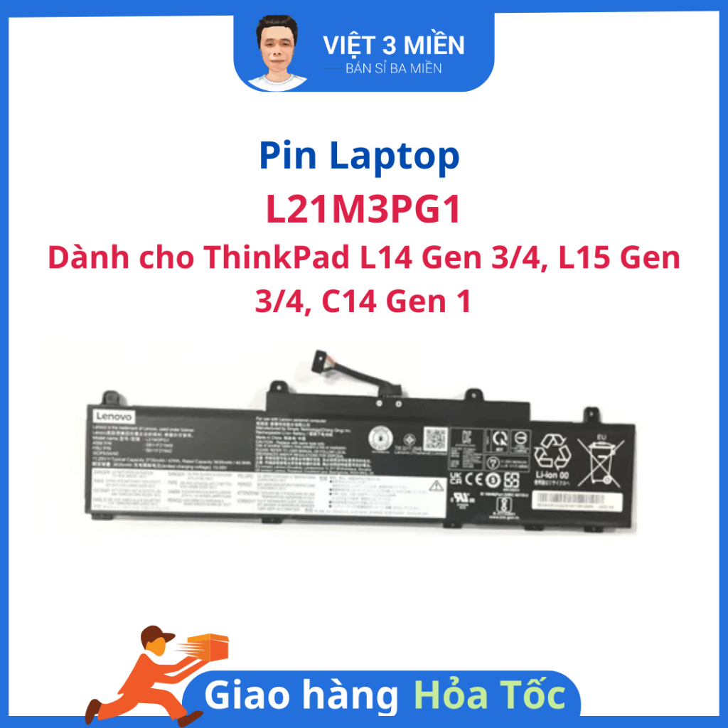 Pin Laptop  L21M3PG1 Dành cho ThinkPad L14 Gen 3/4, L15 Gen 3/4, C14 Gen 1 - Zin Tháo Máy - Sức Khỏe
