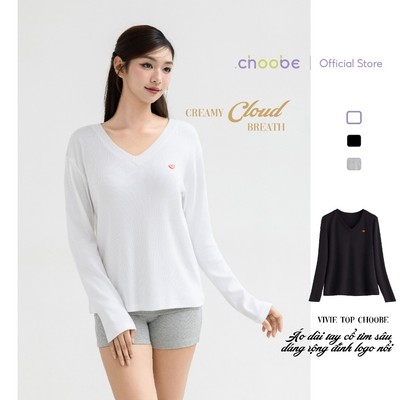 [ MỞ BÁN ] Áo thun nữ dài tay Vivie Top Choobe cổ tim dáng suông rộng gân tăm cotton đính logo A170
