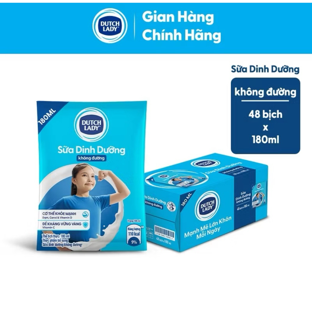 1 Thùng 48 bịch Sữa cô gái Hà Lan Dutch Lady Không đường 180ml