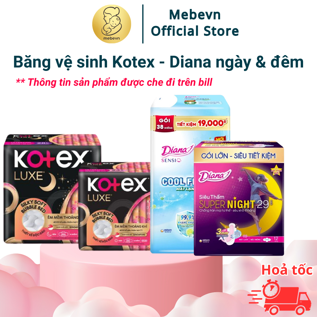 Băng vệ sinh hằng ngày Diana & Kotex. Băng vệ sinh ban đêm Kotex & Diana siêu mỏng & thấm hút