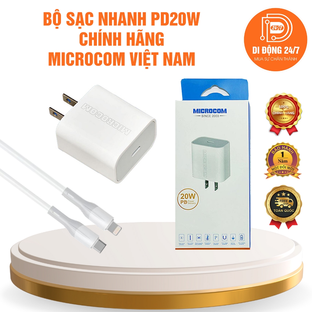 Bộ củ cáp sạc nhanh PD20W Microcom cho IP từ 8 đến 14PRM an toàn ổn định, lỗi 1 đổi 1 12 tháng