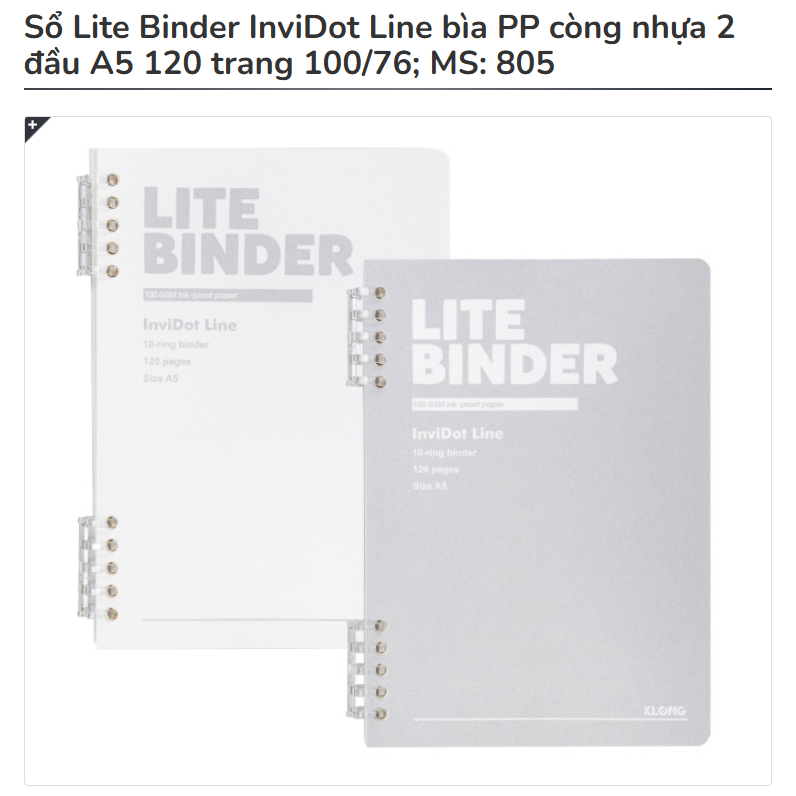 KLONG - Sổ Lite Binder InviDot Line bìa PP còng nhựa 2 đầu A5 120 trang 100/76; MS: 805 ♥
