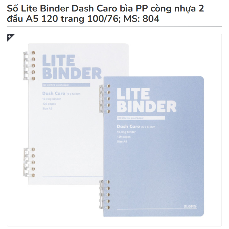 KLONG - Sổ Lite Binder Dash Caro bìa PP còng nhựa 2 đầu A5 120 trang 100/76; MS: 804 ♥