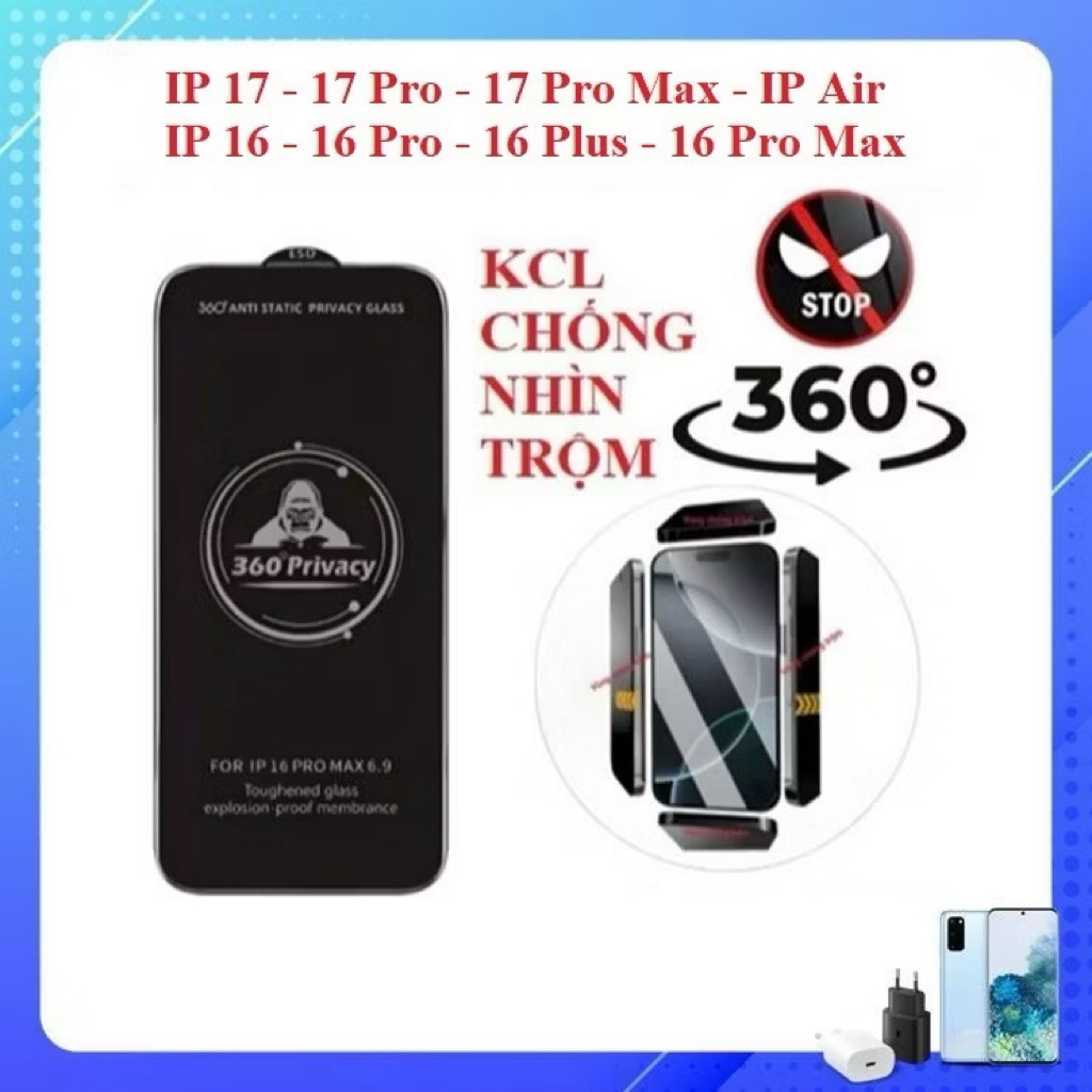 Kính cường lực chống nhìn trộm 360 độ - IP 17 Pro max 16 pro max 14 Pro Max IP 15 15 Pro 15 Plus 15 
