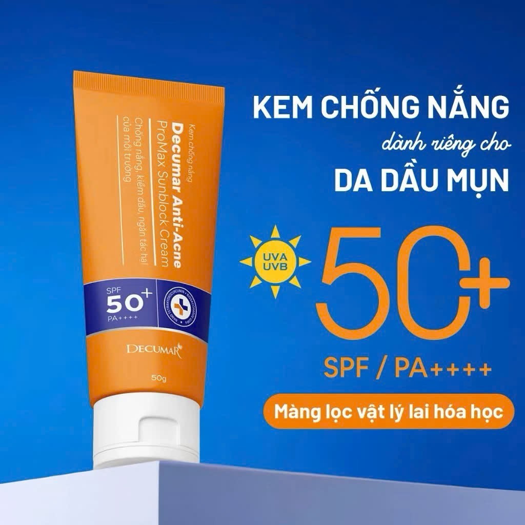 Kem chống nắng ngừa mụn sáng da ngăn ngừa sạm nám Decumar Anti-Acne Promax Sunblock SPF Cream SPF50+