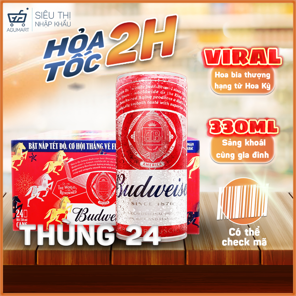 [HỎA TỐC - MẪU TẾT 2026] Bia Budweiser 330ml thùng 24 lon