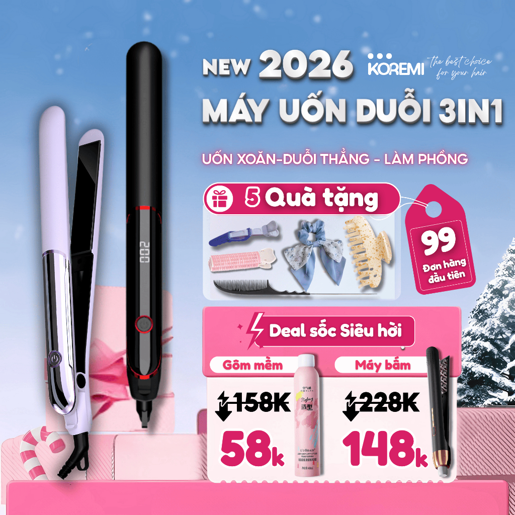 Máy ép duỗi tóc, uốn tóc xoăn Hàn Quốc Koremi 3in1, thanh gốm là tóc nhanh, giúp kẹp thẳng tóc tránh hư tổn, BH 12 tháng