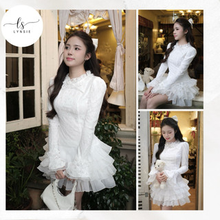   Lily Dress  Váy trắng ren tay xoè phối tơ cổ nhún tiểu thư  Ảnh thật by Lynsie  