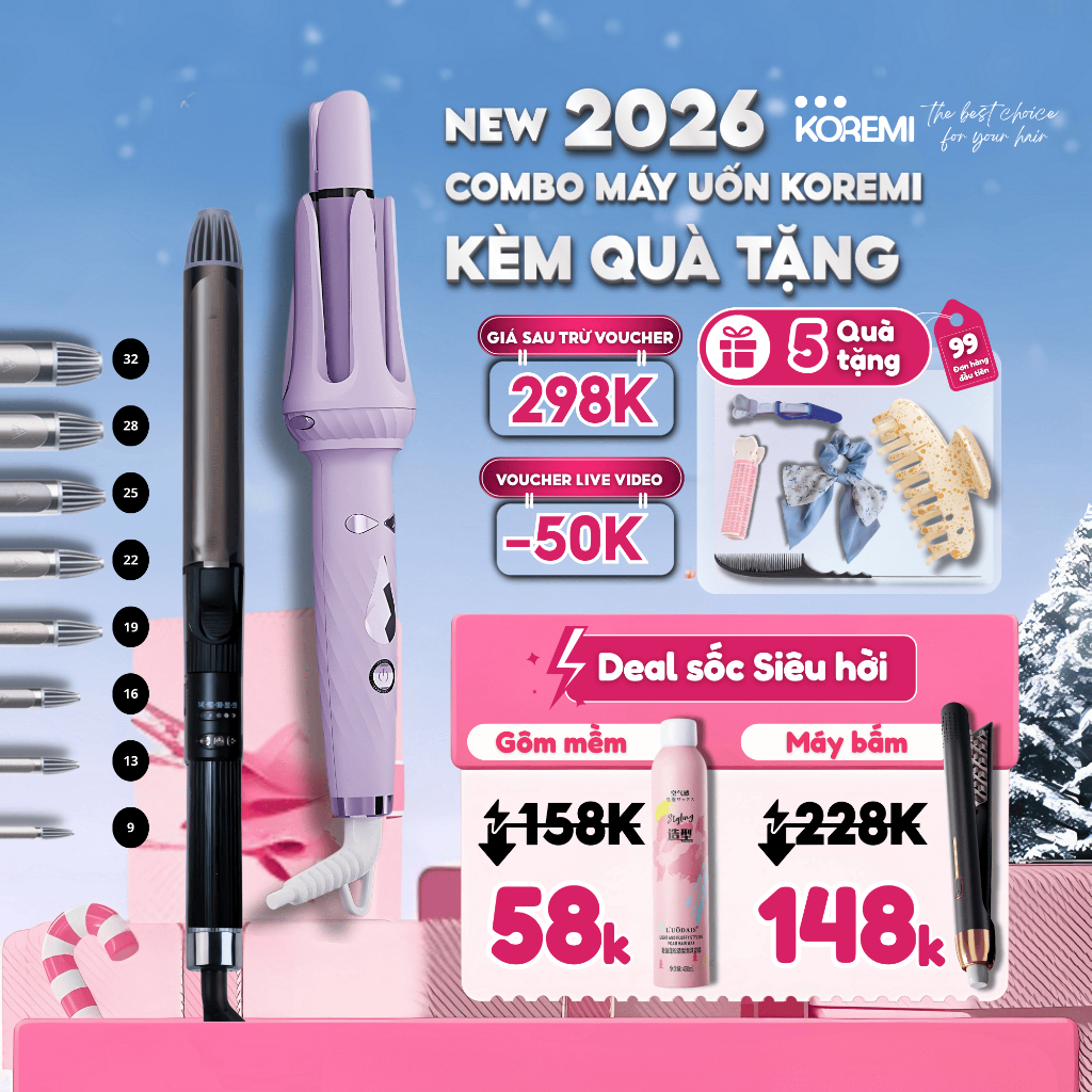 Combo Máy uốn xoăn tự động,  xoay trục 360 độ cao cấp, máy uốn 3in1 thiết kế 2026. Chính hãng KOREMI, Bảo hành 12 tháng