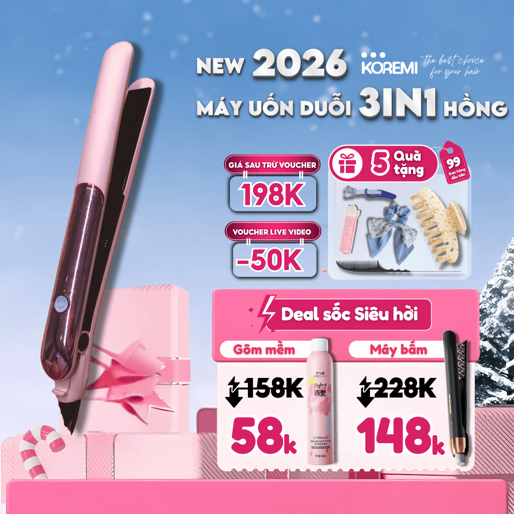 Máy Duỗi Tóc màu Hồng 2026 siêu Xinh, Ép Tóc Thẳng, Uốn Xoăn Dễ Thương 3in1 KOREMI - Bảo hành Chính Hãng. Pink Color