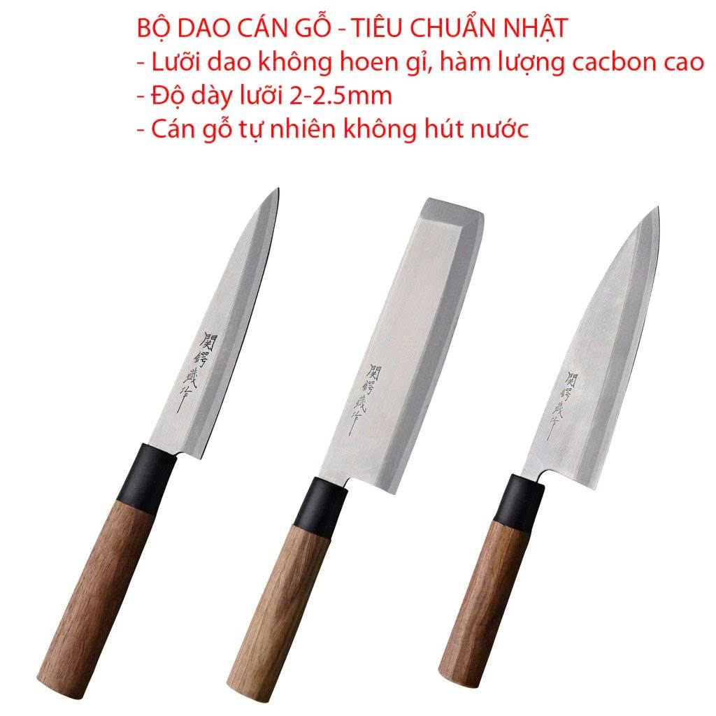 [HÀNG CHÍNH HÃNG] Bộ 3 Dao bếp hàng Nhập từ Nhật Bản (Sashimi, Nakiri , Deba) Cán Gỗ Cao Cấp, Lưỡi T