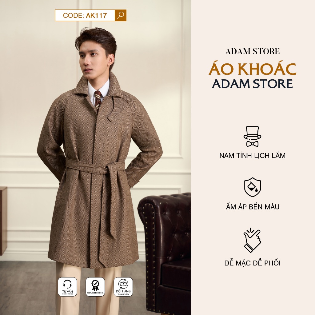 ÁO KHOÁC MĂNG TÔ DÁNG DÀI NAM ADAM STORE MÀU NÂU DÂY BUỘC AK117