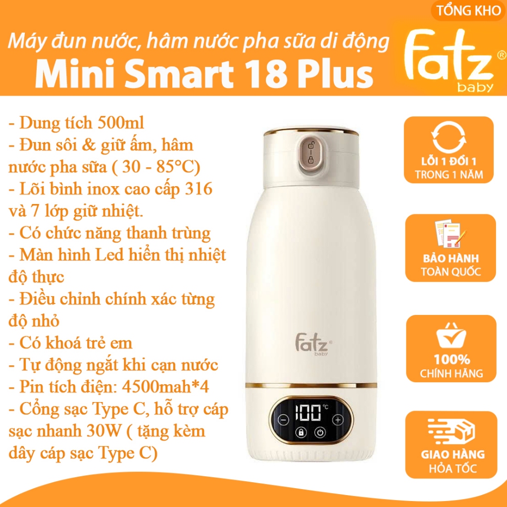 Bình đun và hâm nước pha sữa di động Mini Smart 18 Plus - Fatz Baby ( hâm nước, hâm sữa Moaz MB058, Ftaz Baby)